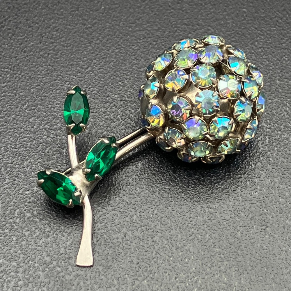 Vintage Warner Rhinestone Flower Brooch Blue AB Iridescent Domed Floral Pin 2" - Picture 2 of 11